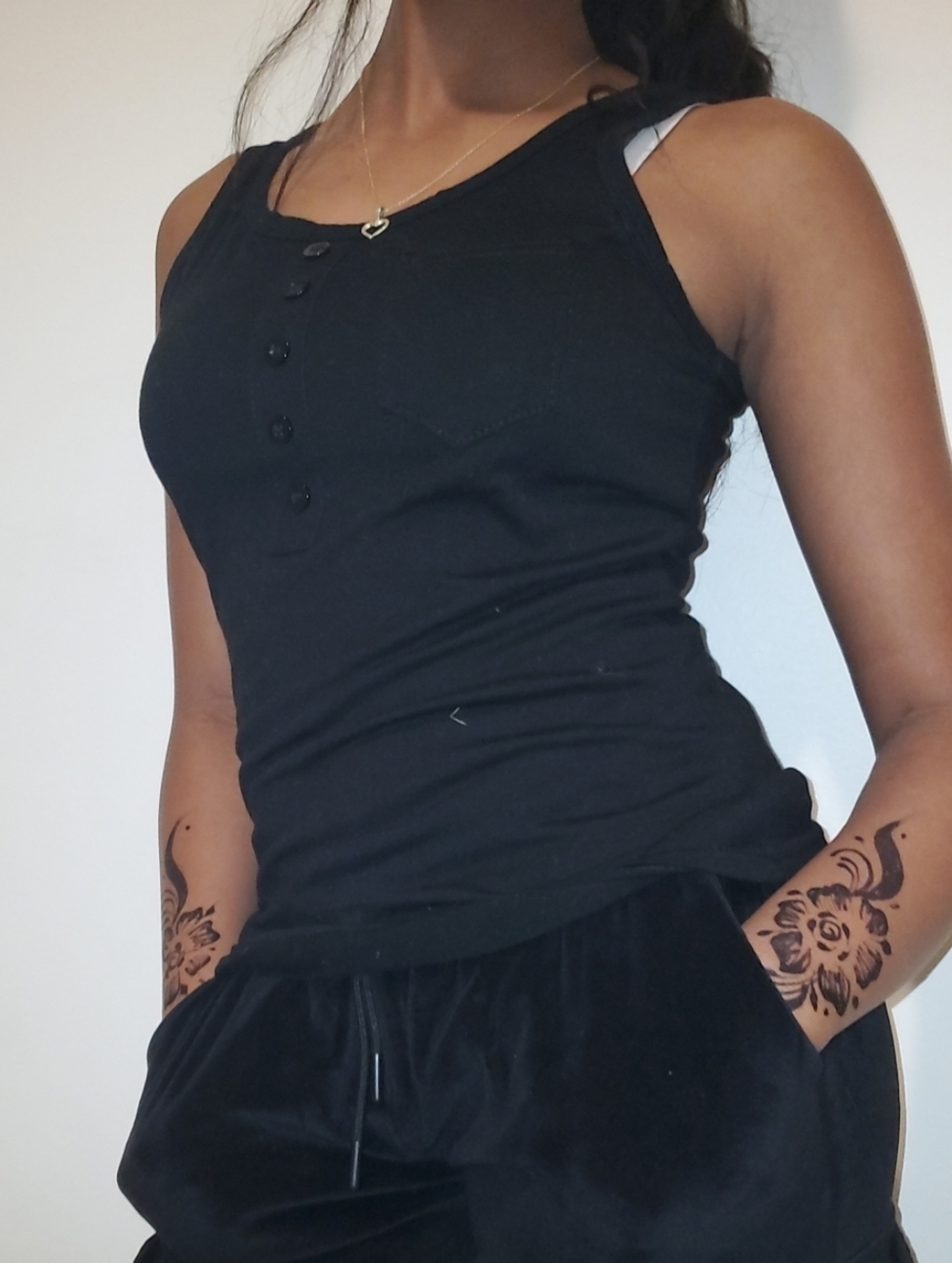 Black Sleeveless Henley Tank with Front Pocket